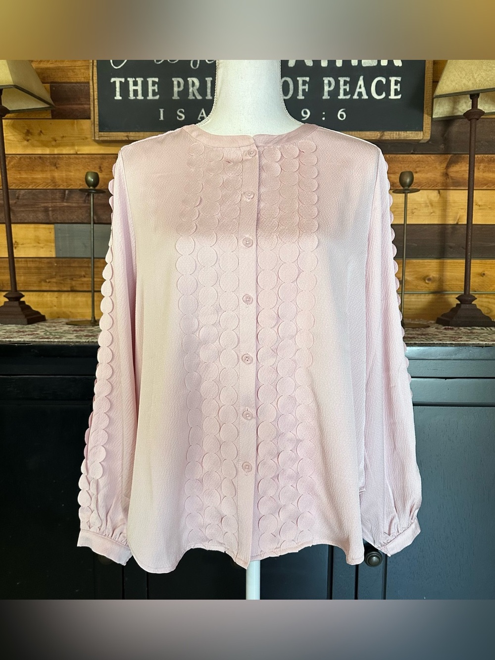 Chico's Pale Pink Button-Front Blouse with Circular Trim